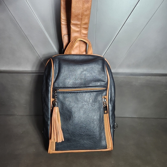 Fadeon Handbags - Fadeon Two-Tone Black and Tan Faux Leather Crossbody Sling Shoulder Bag